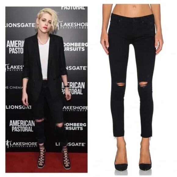 MOTHER Looker Ankle Fray in Guilty as Sin Black Distressed Jeans Size 24x25 - Picture 1 of 12